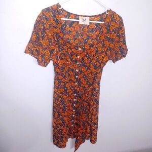 Floral Button-Front Midi Dress in Orange and Black